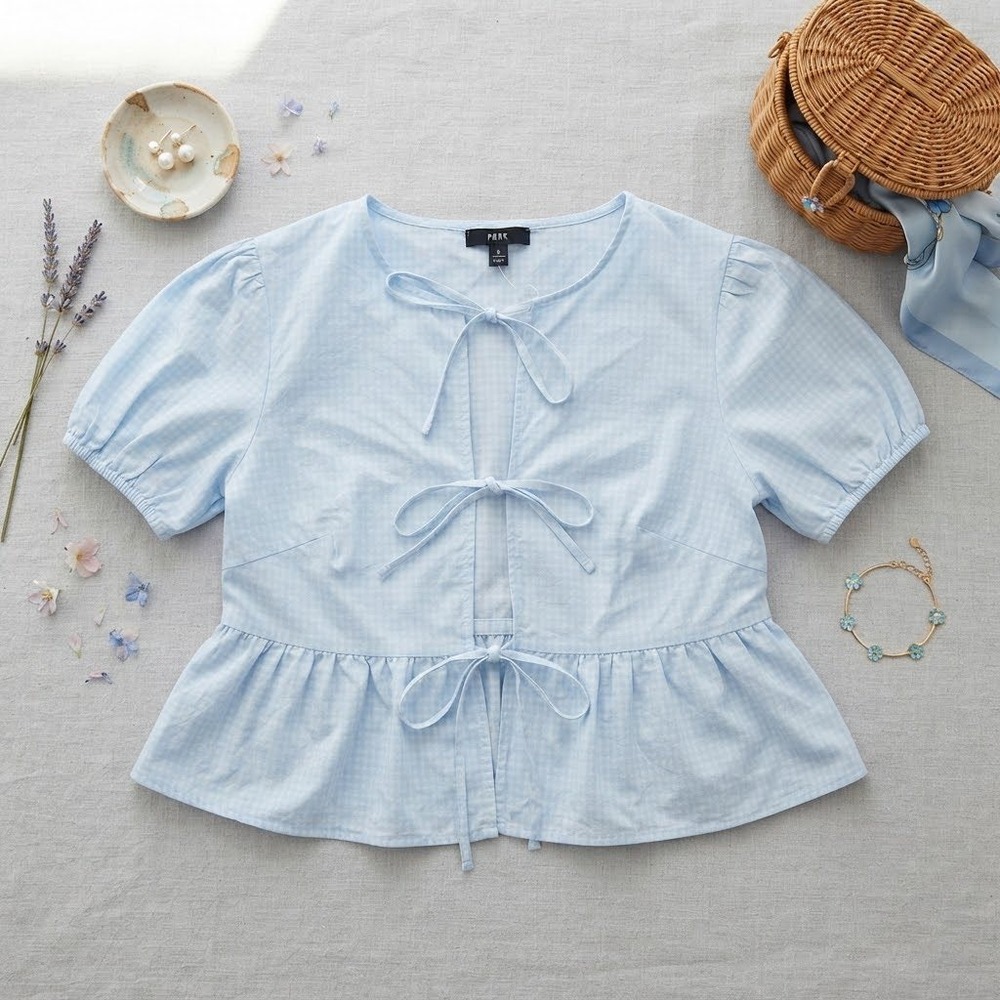Wild Fable Blue Gingham Tie Front Peplum Puff Sleeve Top Womens Medium